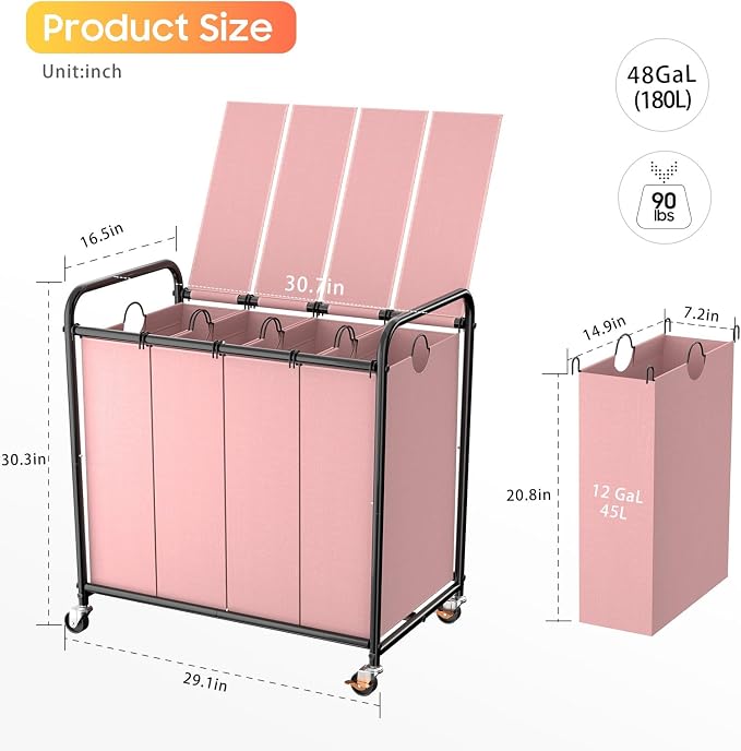 Laundry Sorter 4 Sections 48 Gal, Rolling Laundry Basket with Wheels ＆ Lid | Laundry Hamper, 4 Separated Removable Bags, Lockable Wheels, Dirty Clothes Hamper for Laundry Room Organizer, Pink