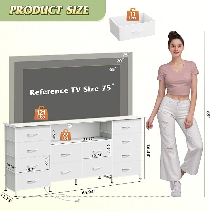 WLIVE LED Dresser TV Stand for 75 Inch TV, 12 Drawers, White | Fits TVs up to 75 inch, 12 fabric drawers, LED chest of drawers, Built-in power outlet, Living room or bedroom