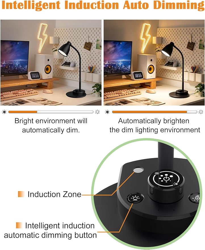 BOHON LED Desk Lamp with USB Charging Port 3 Color Modes Dimmable, Black | Reading Light Intelligent Induction Auto Dimming Task Lamp Neck Flexible Table Lamp for Bedside Office, AC Adapter Include