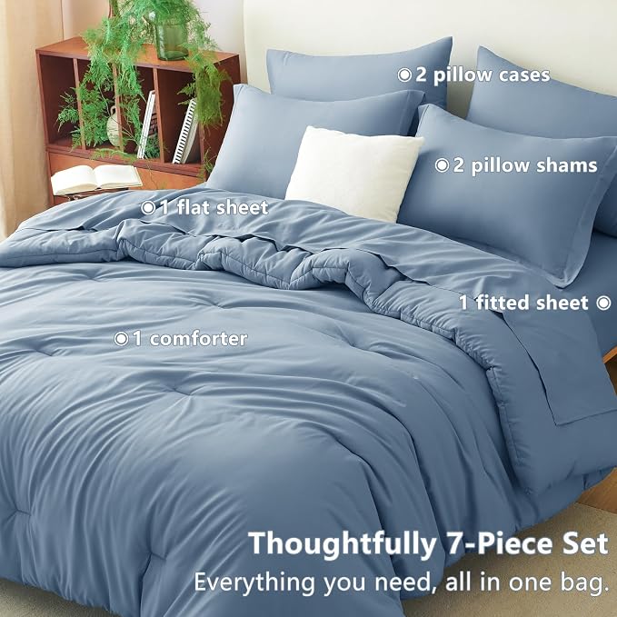 King Size Comforter Set Grayish Blue, 7 Pieces Bed in a Bag | OEKO-TEX Certified, All-Season, Bedroom, 240GSM Down Alternative Comforter, Flat & Fitted Sheets, 2 Pillowcases & 2 Shams