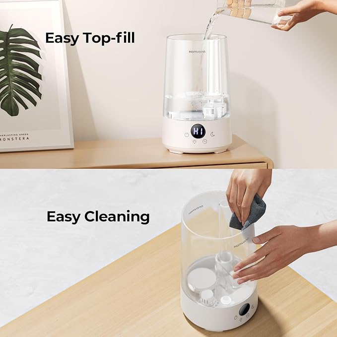 Homvana 3.6L Top-Fill Cool Mist Humidifiers for Bedroom, Large Room(Clear) | 23dB Quiet, Easy-to-Clean 2-in-1 Baby Humidifier & Oil Diffuser for Congestion Relief, Last for 4 Night (Transparent)