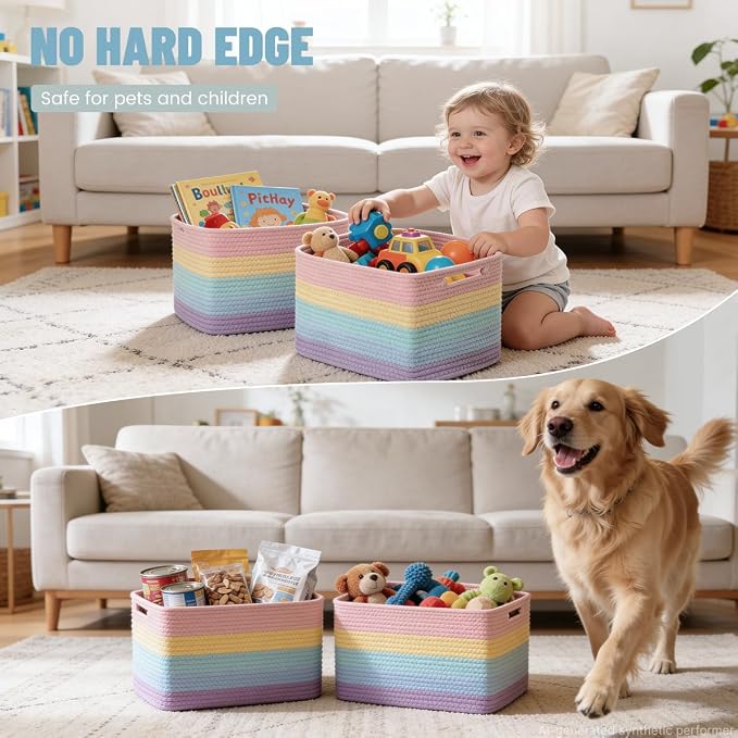 5 Pack Woven Storage Baskets, Decorative Storage Bins for Organizing | 13.8'' × 9.8'' × 7.9'', Cute Cotton Rope Basket Organizer for Closet, Shelves, bathroom, Nursery, Toys, Books, Rainbow
