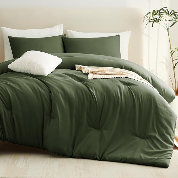 Oversized King Comforter Set, 3 Pieces Olive Green Quilted Bedding | 270 GSM Down Alternative Fill, 4 Corner Ties for Duvet Insert Use, All Season, OEKO-TEX Certified, 2 Pillowcases, 120 x 98 in