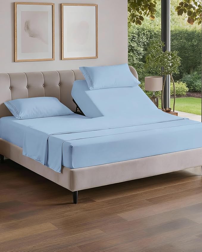Flex Top Split Head King 4 Piece Sheet Set - Soft & Breathable - Light Blue | Cooling Bed Sheets Set, Hotel Luxury Bedding for Women & Men with Deep Pockets, Wrinkle Free & Fade Resistant, Oeko-Tex