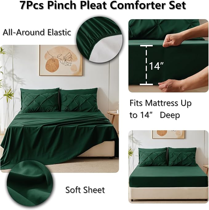 HIMEET King Size Comforter Set Emerald Green - 7 Pieces Bed in a Bag | OEKO-TEX Certified, 240GSM Down Alternative Comforter, 14" Deep Pocket Fitted Sheet + Flat Sheet + 2 Pillowcases + 2 Shams