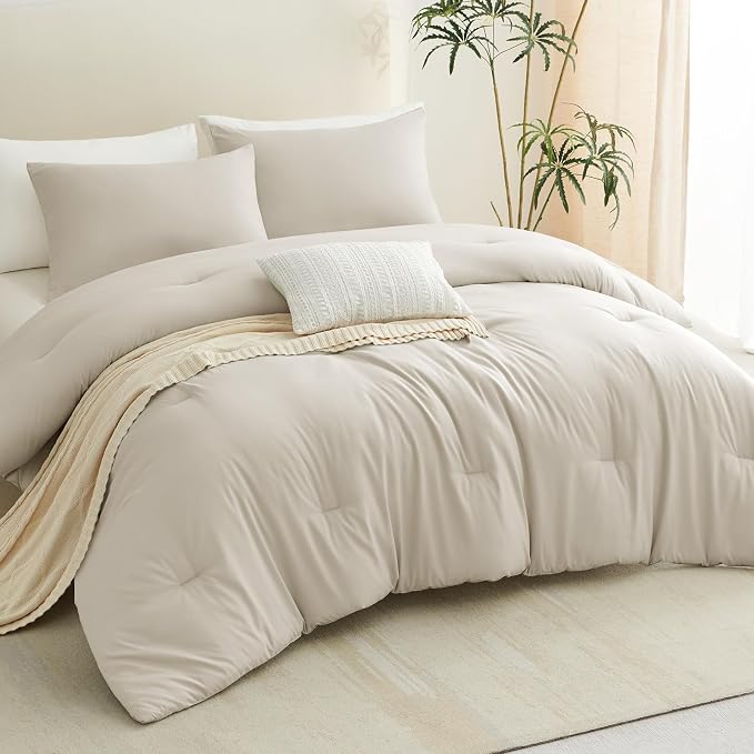 Full Comforter Set, 3 Pieces Down Alternative Bedding, Oatmeal | 270 GSM All Season Comforter with 4 Corner Ties for Use as a Duvet Insert, OEKO-TEX Certified, 2 Pillowcases, 82 x 86 in