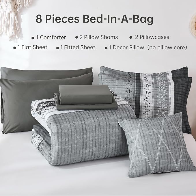Dintszyayue Grey Queen Comforter Size Set, 8 Pieces Striped Texture Bed in a Bag Bedding Sets, Lightweight Soft Comforter and Sheet Set, All Season Microfiber Teen Boys Bedding Sets for Men Women