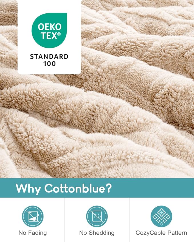 Cottonblue Jacquard Weighted Blanket 15 lbs for Adults Twin Size 48x72in | Soft Sherpa Fleece Weighted Blanket Throw for Sleep Calm Relax, Cozy Warm Beige Heavy Blanket Throw for Bed Couch, Washable