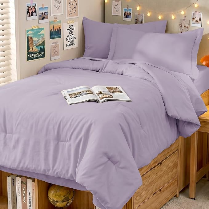 5 Pieces Twin XL Comforter Set, Soft Bed in a Bag Twin XL Size, All Season Bedding Set with Comforter, Flat Sheet, Fitted Sheet, Pillowcases & Shams, Lavender
