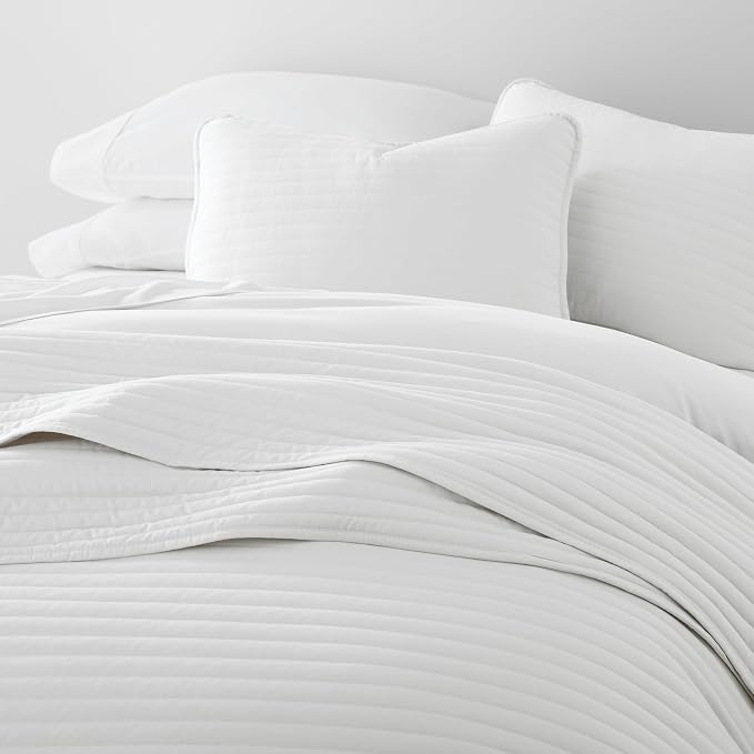Merit Linens Modern Quilt Coverlet Soft Set in Stripe Stitching - Twin/TwinXL White