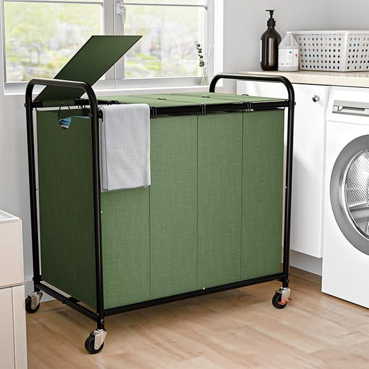 Laundry Sorter 4 Sections 48 Gal, Rolling Laundry Basket with Wheels ＆ Lid | Laundry Hamper, 4 Separated Removable Bags, Lockable Wheels, Dirty Clothes Hamper for Laundry Room Organizer, Green