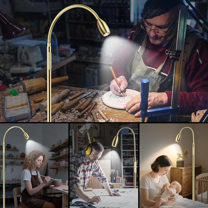 Reading Floor Lamp, 72" LED Dimmable Lamp with Gooseneck,Zoomable Spotlight | Adjustable Color Beam Standing Lamp, Touch & Remote Control, Task Craft, Sewing, Bedroom Living Room, Office, Light Gold