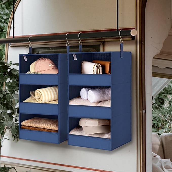 GRANNY SAYS 3-Shelf Hanging Closet Organizer, Foldable Storage, Navy | 33 lb Capacity, No-Sag Support, Keeps Clothes Neat, Folds Flat, Fits RV, Dorm & Small Closets, 2 Pack