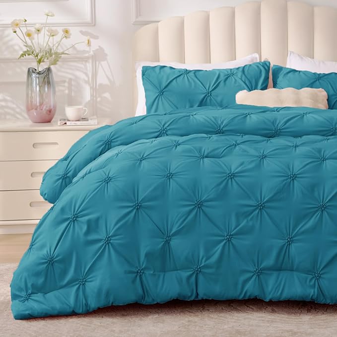 BEDELITE Twin Comforter Set Teal,Lightweight & Soft Comforter | Pintuck Boho Bedding, Warm & Cute Bed Set for All Season,With 1 Pillowcase