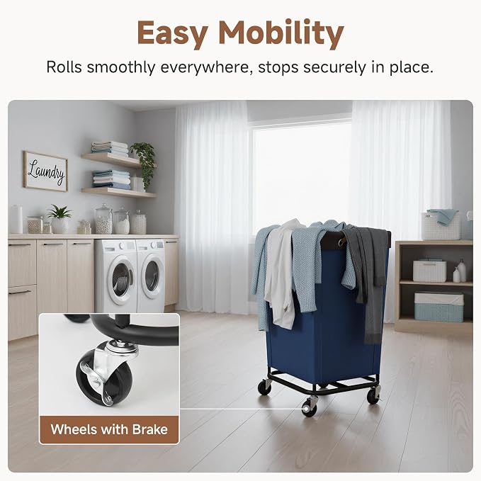 StorageWorks 160L Laundry Basket with Wheels, Rolling Hampers for Clothing | Blue Laundry Basket with Wheels, Metal Frame & Handles, Rolling Hamper for Bedroom, Bathroom, Dorm, Hotel