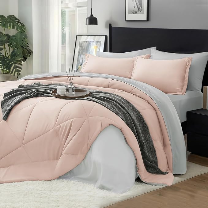 BEDELITE King Comforter Set 7 Pieces, Reversible Dusty Pink Bed in A Bag | Soft All Season Down-Alternative Comforter, Sheets, Pillowcases & Shams, OEKO-TEX Certified Bedding for Bedrrom, Guest Room