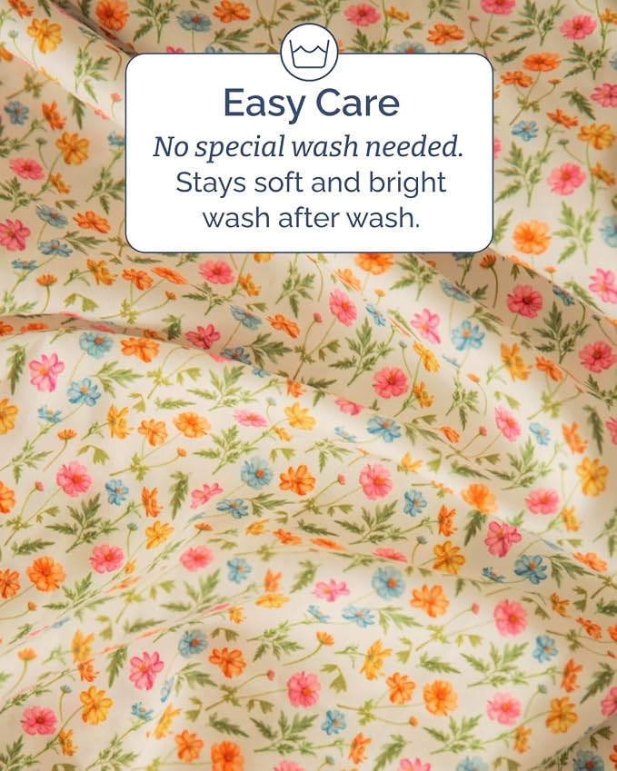 Queen 4 Piece Floral Sheet Set - Soft, Breathable & Cooling - Spring Meadow | 1 Flat, 1 Fitted & 2 Pillowcases w/ Deep Pockets, Boho Botanical Floral Bedding, Breathable & Cooling, Wrinkle & Fade Free