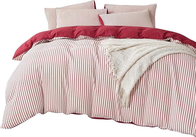 Comforter Set King Size Brick Red Striped Soft Luxury Washed Microfiber Jacquard 3 Pieces White Brick Red Vertical Ticking Stripes Pattern Comforter with 2 Pillowcases Breathable Durable Comfy