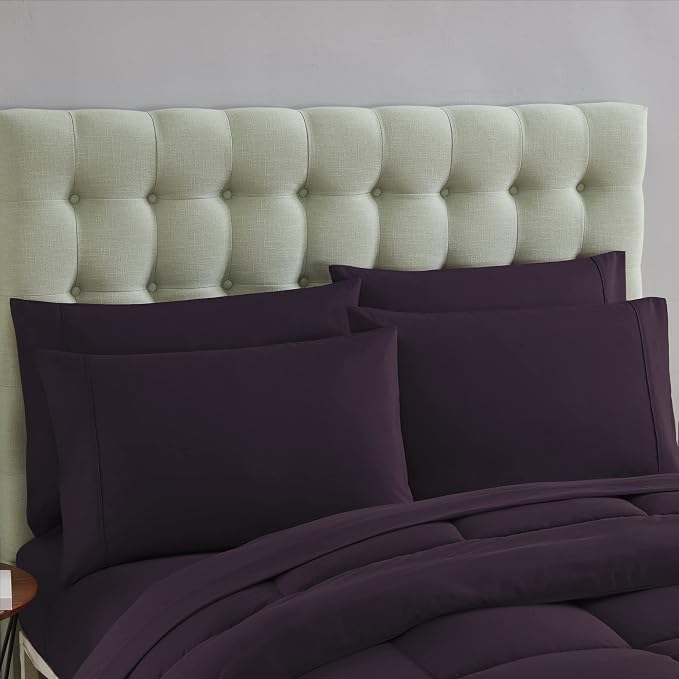 Sweet Home Collection 7 Piece Comforter Set Bag Solid Color All Season Soft Down Alternative Blanket & Luxurious Microfiber Bed Sheets, Purple, Full