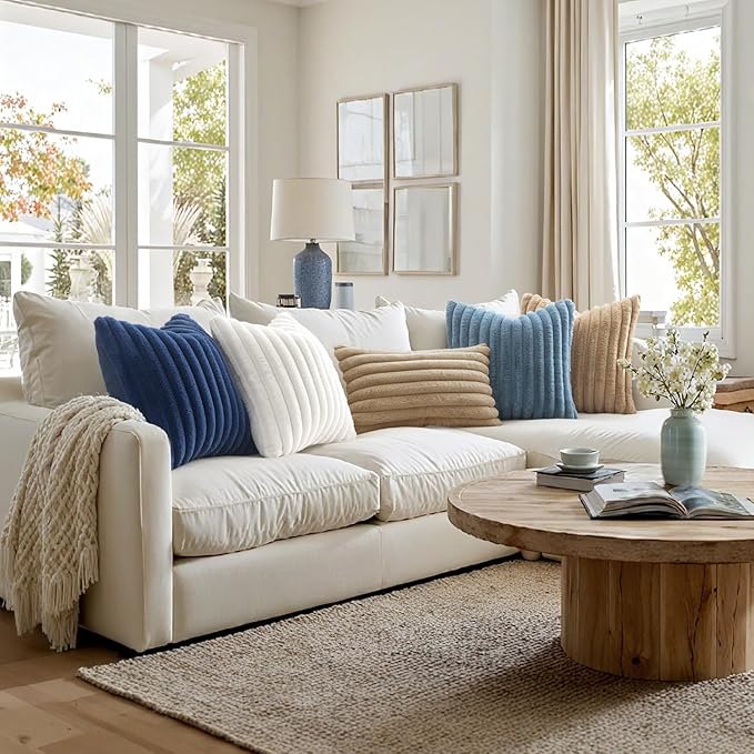 MIULEE Faux Fur Decorative Throw Pillow Covers 18x18 Set of 2 Navy Blue | Coastal Modern Soft Plush Couch Pillows, Cozy Fluffy Cushion Covers for Sofa Bed Living Room Home Decor