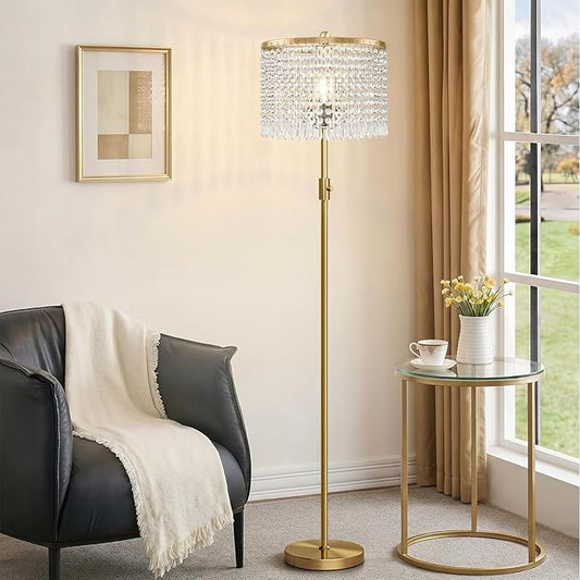 【Upgraded】 Dimmable Crystal Floor Lamps for Living Room, 1000LM LED Bulb Included, Standing Lamp with Knob Switch, Tall Gold Pole Light for Bedroom Nursery Office Corner Reading
