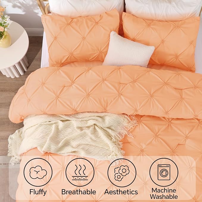 BEDELITE Queen Comforter Set Apricot,Lightweight & Soft Comforter | Pintuck Boho Bedding, Warm & Cute Bed Set for All Season,With 2 Pillowcases