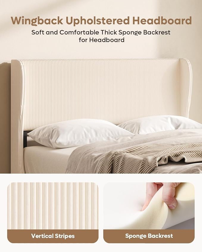 Bestier Full Bed Frame with Wingback Headboard,Upholstered,Beige | No Box Spring Needed,Easy Assembly,Wingback Headboard,No Squeaks,Vertical Channel Corduroy Upholstered,Wooden Slats Support