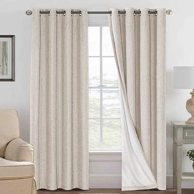 H.VERSAILTEX Linen 100% Blackout Curtains for Bedroom Light Blocking Curtains, Textured Curtains for Living Room 84 inch Grommet, White Liner Energy Efficient GRS Certified (2 Panels, Natural)