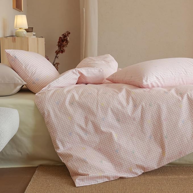 mixinni Gingham Duvet Cover Full Size, 100% Cotton Light Pink and White Gingham Bedding Set for Girls, Cute Bow Print Soft Aesthetic Cottagecore Bedding 3 Pieces (1 Duvet Cover + 2 Pillowcases)