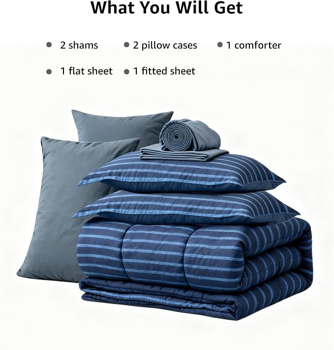 Monbix King Size Comforter Set, 7 Pieces Soft Bed in a Bag King Bedding Set | All Season Navy Blue Striped Reversible Comforter with Sheets, Pillowcases & Shams