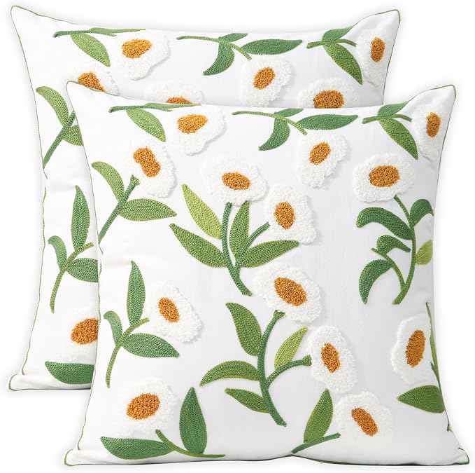 Pack of 2 Embroidered Decorative Throw Pillow Cover 18x18 Inch Farmhouse Floral Pillowcase for Living Room Sofa Bed (White Glass Flower)