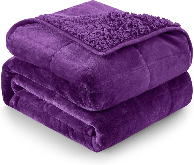 Cottonblue Fleece Weighted Blanket 15 lbs for Adults Twin Size 48x72in Soft | Cozy Flannel Sherpa Weighted Blankets Throw Comfortable for Calm Sleep Relax, Warm Fuzzy Purple Heavy Blanket for Bed Couch