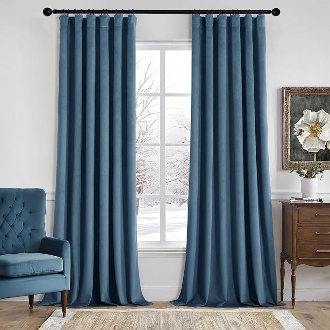 MIULEE Velvet Curtains 50W x 90L 2 Panels Stone Blue Blackout Curtains | Luxury velvet fabric, pinch pleat design, back tab hooks, thermal insulated, blackout light blocking, for living room bedroom