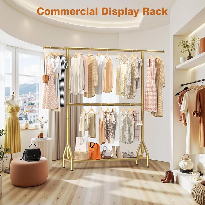 EAGMAK Double Rod Clothing Rack Load 622 LBS, Heavy Duty Clothes Rack for Hanging Clothes, 82.68 inch High Garment Rack with Sotrage Shelves, Metal Clothing Hanger Closet Wardrobe Organizer (Gold)