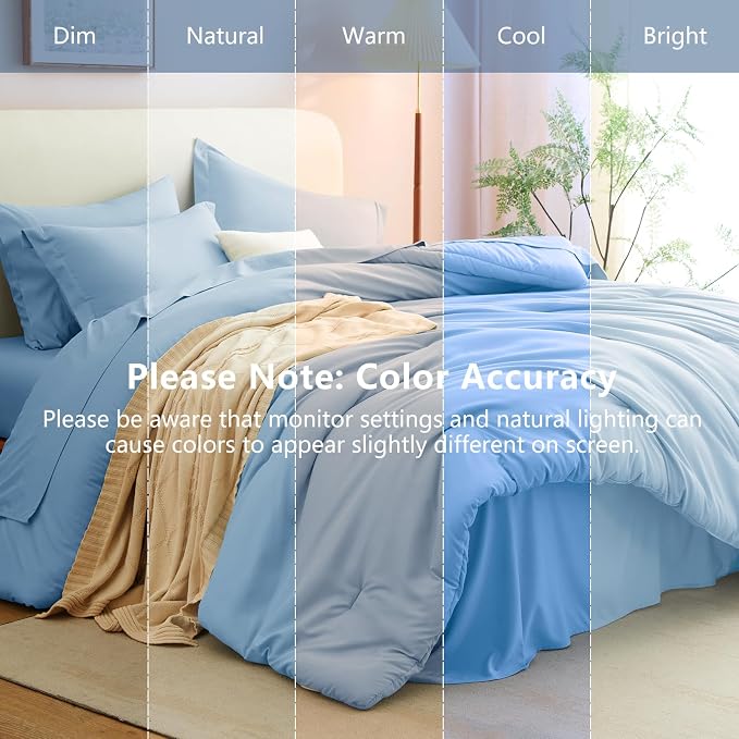 Queen Comforter Set Baby Blue, 7 Pieces Bed in a Bag | OEKO-TEX Certified, All-Season, Bedroom, 240GSM Down Alternative Comforter, Flat & Fitted Sheets, 2 Pillowcases & 2 Shams