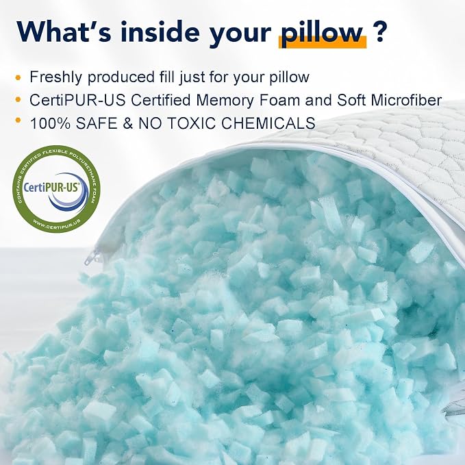 QUTOOL Cooling Pillow for Sleeping, CertiPUR-US Shredded Memory Foam King Pillow Set of 1, Cool Pillow for Hot Sleepers Adjustable Firm Pillow for Side, Back, Stomach Sleepers Soft Yet Support, White