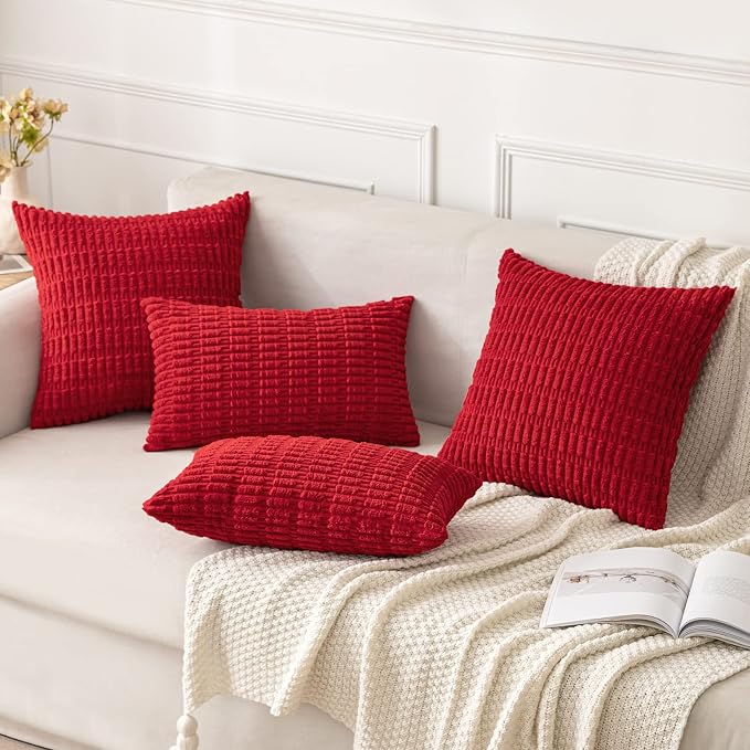 MIULEE Corduroy Decorative Throw Pillow Covers 18x18 Red Pack of 2 | Soft Boho Striped Pillow Covers Modern Farmhouse Home Decor For Sofa Living Room Couch Bed