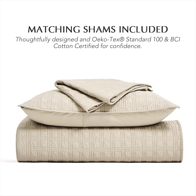 EVERGRACEHOME Cotton Sateen Windowpane Quilt Set Queen Size, Light Taupe | 100% Cotton, Pre-Washed Soft Coverlet Bedspread, 3-Piece Lightweight Bedding Set for All Season, with 2 Pillow Shams