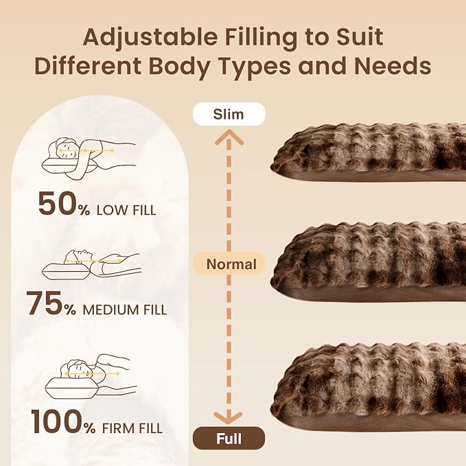 ZonLi Fluffy Body Pillow for Adults, Fuzzy Faux Fur Long Pillow with Shredded Memory Foam, Adjustable Support for Side Sleepers, Gifts, 20 x 54 Inch, Brown