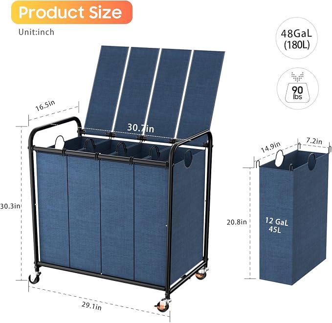 Laundry Sorter 4 Sections 48 Gal, Rolling Laundry Basket with Wheels ＆ Lid | Laundry Hamper, 4 Separated Removable Bags, Lockable Wheels, Dirty Clothes Hamper for Laundry Room Organizer, Blue