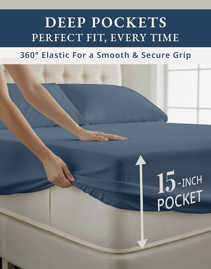 LANE LINEN Cooling Queen Sheet Set Egyptian Cotton Sateen - Estate Blue | Queen Mattress Sheets - 4-Piece Set, For A Luxurious Night's Sleep, For A Silky Hotel-Style Bed, OEKO-TEX Certified