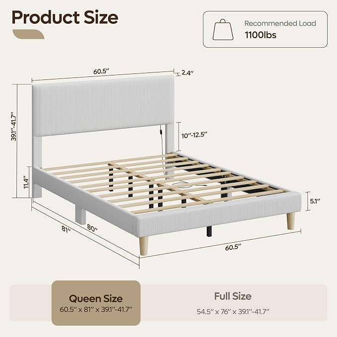 Bestier Queen Bed Frame with Headboard LED Lighting,Upholstered,Light Grey | LED Lighting Headboard,Easy Assembly,No Squeaks,Vertical Channel Corduroy Upholstered,Wood Slats Support,No Box Spring Needed