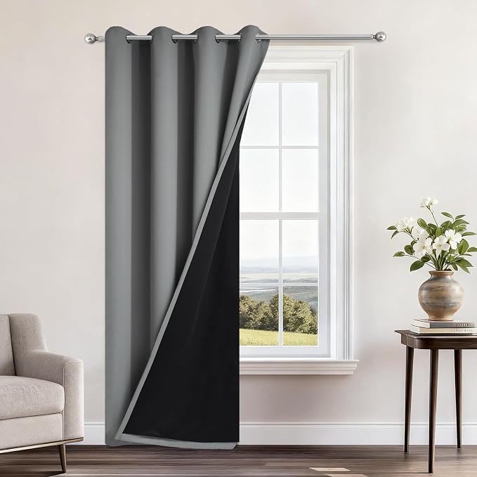 Yakamok Grey Blackout Curtains 96 Inches Long for Bedroom 52" Wide 1 Panel | Blackout Curtain Panels for Bedroom, 2 Thick Layers Grommet Top Thermal Insulated Drapes with Black Liner for Living Room