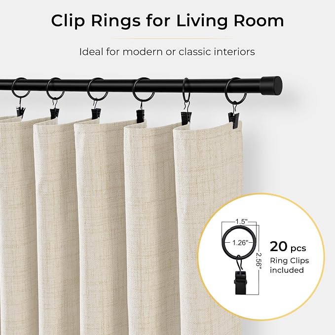 INOVADAY 100% Blackout Curtains for Bedroom Black Out Curtains 63 Inch Long | Cream Curtains for Living Room 2 Panels, Clip Rings Linen Look Blackout Drapes, Thermal Insulated Room Darkening,W50xL63