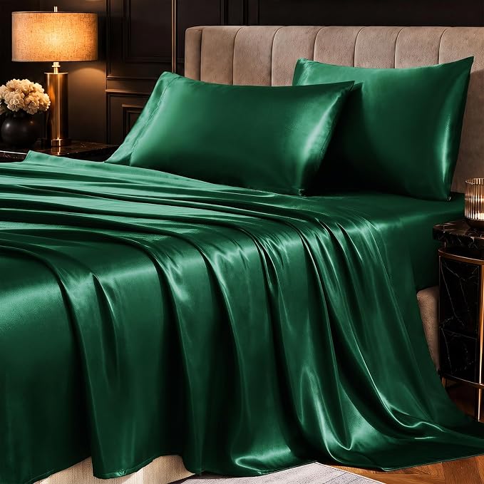 CozyLux Satin Sheets Full, 4-Piece 14-Inch Deep Pocket Sheet Set | OEKO-TEX Certified Silky Soft Sheet Set for Hair & Skin, Luxurious Silky-Smooth Satin for Elegant Bedroom Decor, Dark Green
