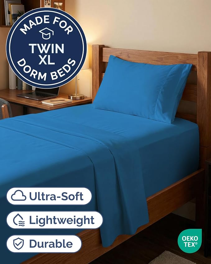 Extra Deep Twin XL Sheet Set - 3 Piece College Dorm Room - Denim Blue | Soft, Breathable & Cooling, Easily Fits 18 to 24 inch Mattress, Wrinkle Free & Fade Resistant with Extra Deep Pockets