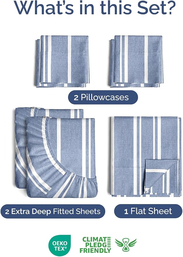 Extra Deep Split King Sheet Set - 7 Piece Cooling Bed Sheets - Blue Stripes | Hotel Luxury Bed Sheets Set, Easy & Secure Fit, Ultra-Soft, Wrinkle & Fade Free, Comfy Sheets Set with Extra Deep Pockets
