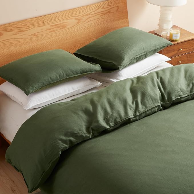 DAPU 100% French Linen Duvet Cover 3Pcs Set, 170GSM Linen Bedding, King | Soft Breathable All-Season for Hot sleepers, Corner Ties & Zipper Closure, French Linen Flax from Normandy, Olive Green
