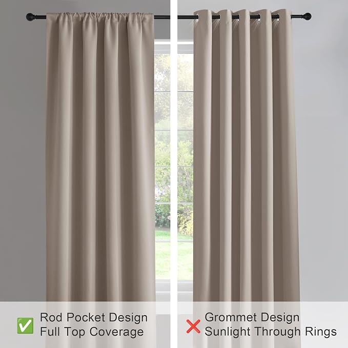 PONY DANCE Blackout Window Curtains - Rod Pocket Window Treatments Curtain Panels/Draperies Room Darkening Noise Reducing Home Fashion, Wide 42 x Long 45 inches, Light Taupe, One Pair