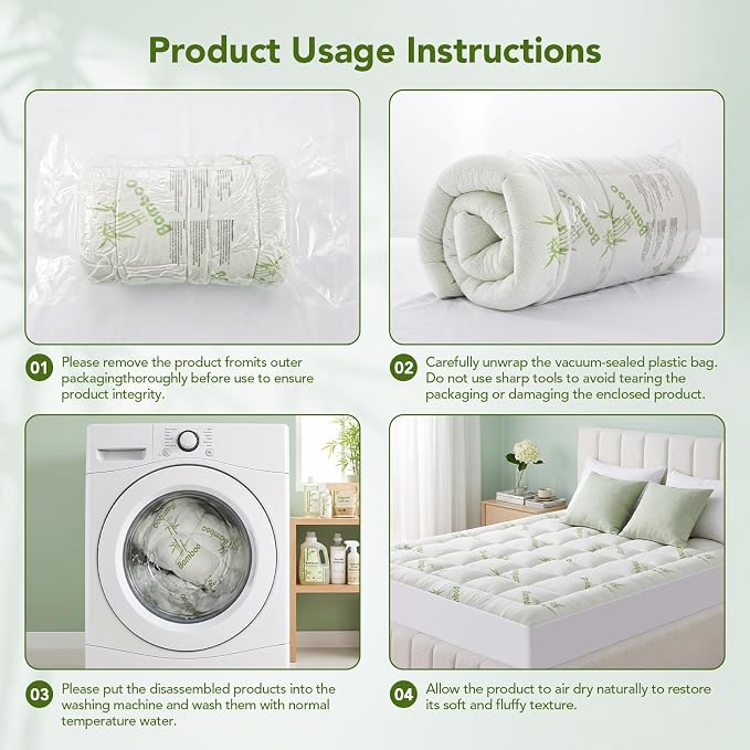 Full Size Mattress Topper Viscose Made from Bamboo, Extra Thick Quilted Pillow Top, Naturally Cooling & Breathable for Hot Sleepers, Back Pain Relief, Deep Pocket Skirt Fits 6-18", Green